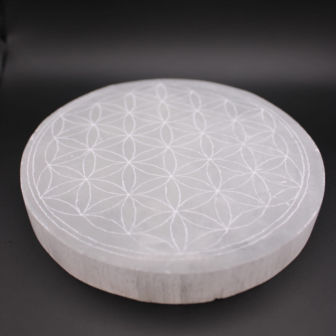Selenite Charging Plate with Flower of Life Symbol - Universal Energy and Harmony