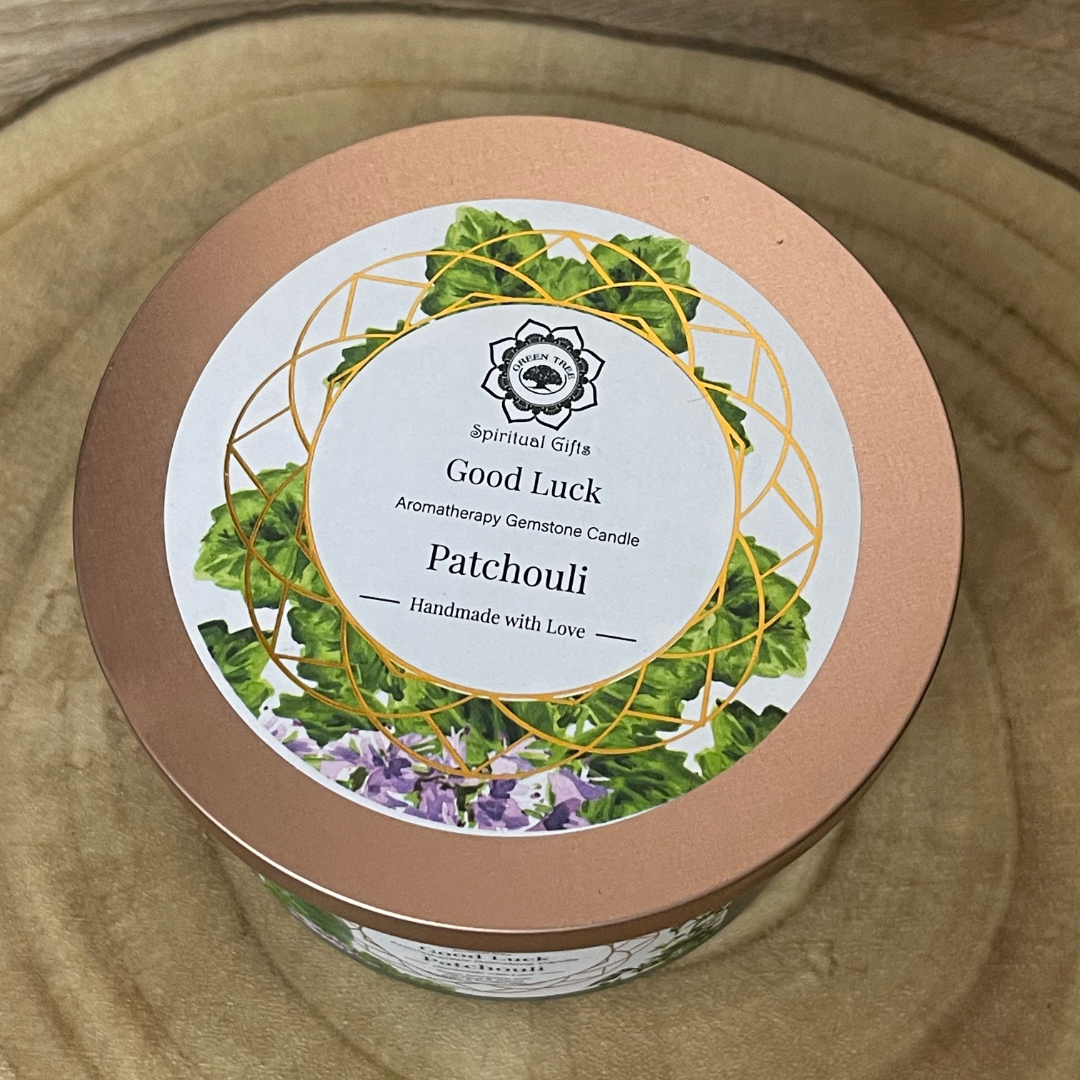 Green Aventurine Candle with 3 Lucky and Prosperity Stones – Patchouli Thyme Scent