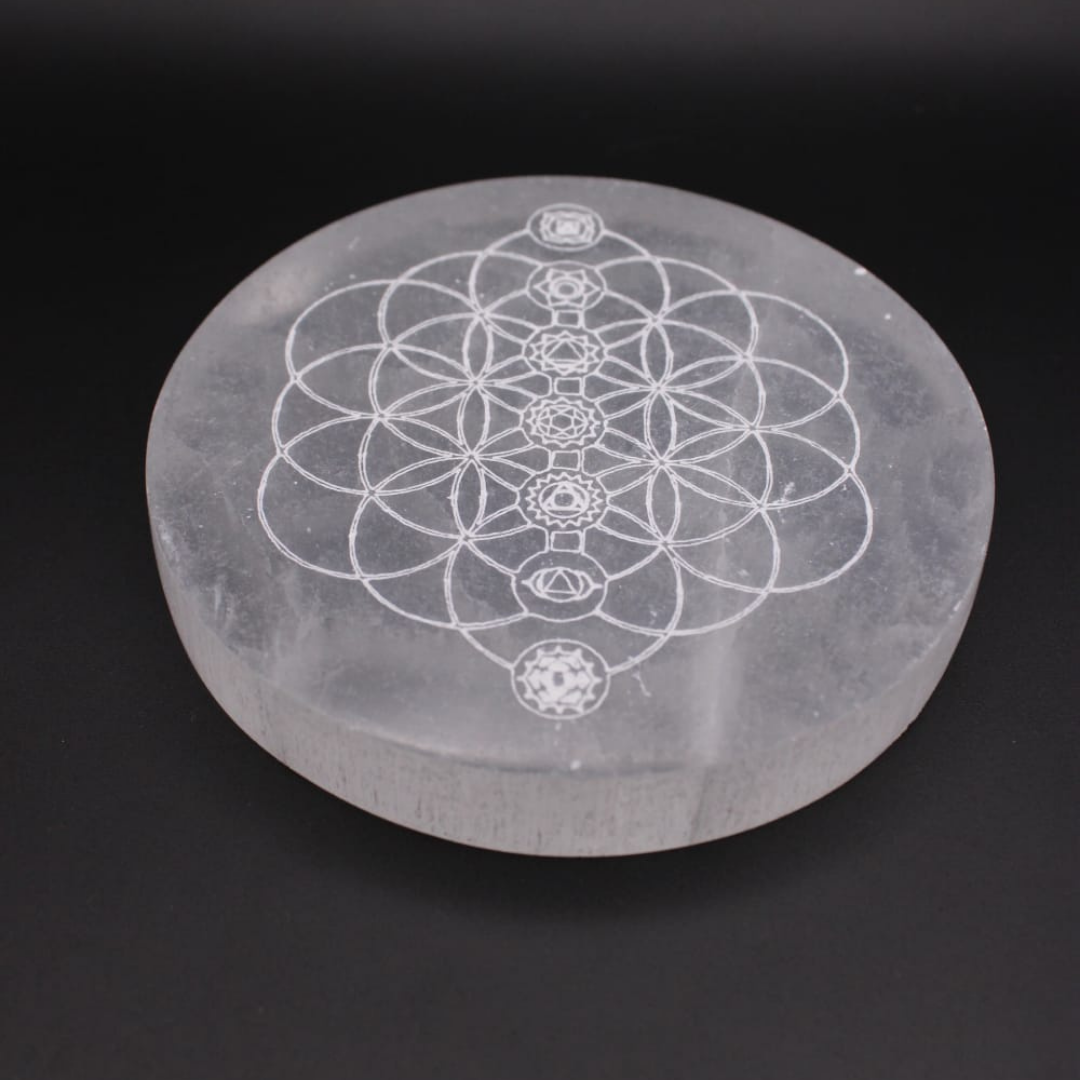 Selenite plaque - flower of life and 7 chakras