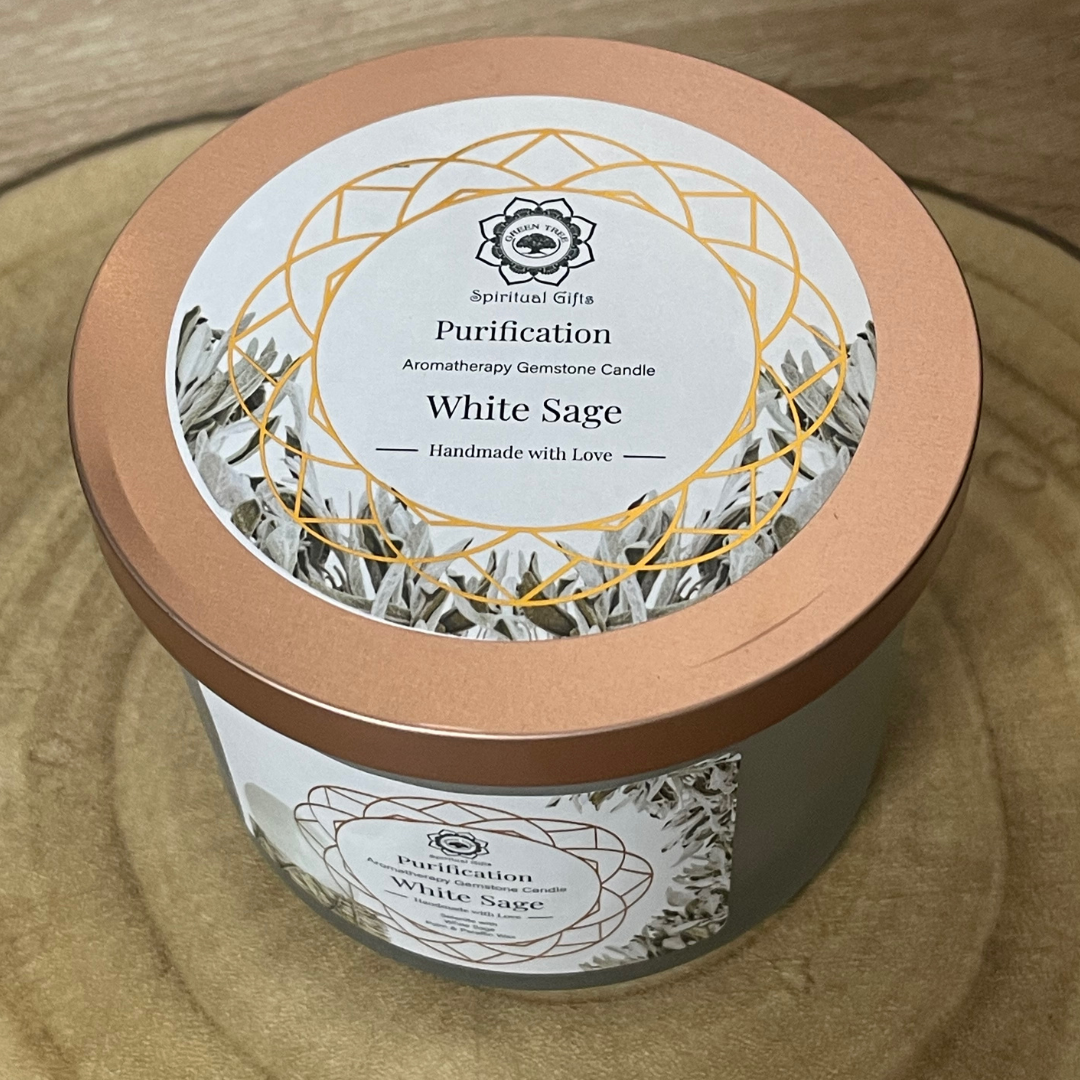 Bougie Sélénite- Purification- avec 3 Pierres de Sélénite – Parfum Sauge